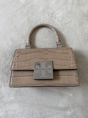 Tory Burch Taupe Croc-Embossed Mini Top-Handle Bag with Silver Logo
